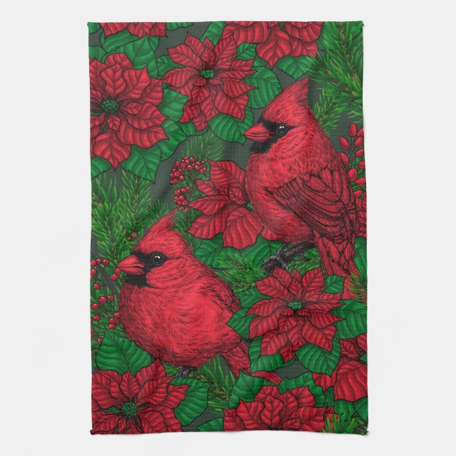 Cardinals and poinsettia for Christmas Kitchen Towel (Vertical)
