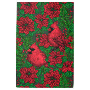 Cardinals and poinsettia for Christmas Metal Print