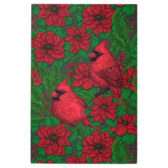 Cardinals and poinsettia for Christmas Metal Print (Front)