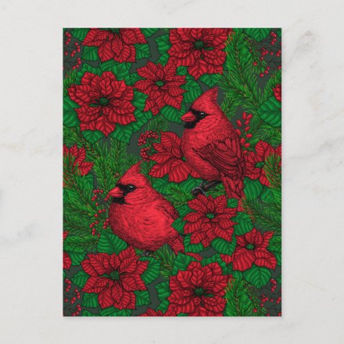 Cardinals and poinsettia for Christmas Postcard