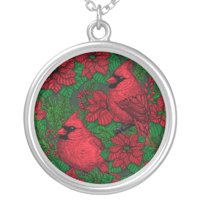 Cardinals and poinsettia for Christmas Silver Plated Necklace (Front)