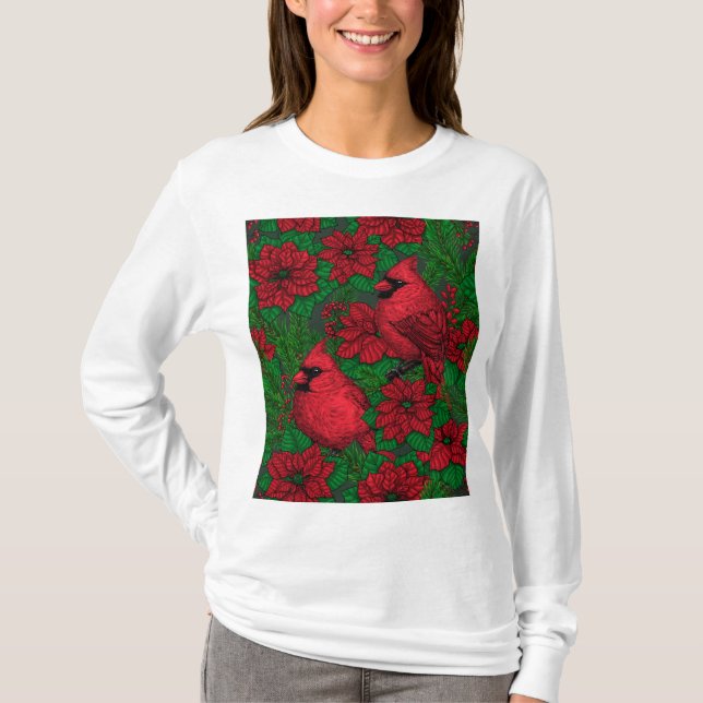 Cardinals and poinsettia for Christmas T-Shirt (Front)