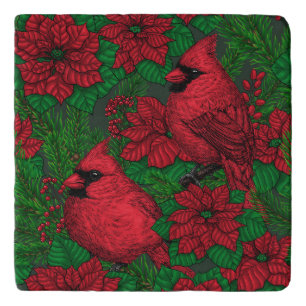 Cardinals and poinsettia for Christmas Trivet