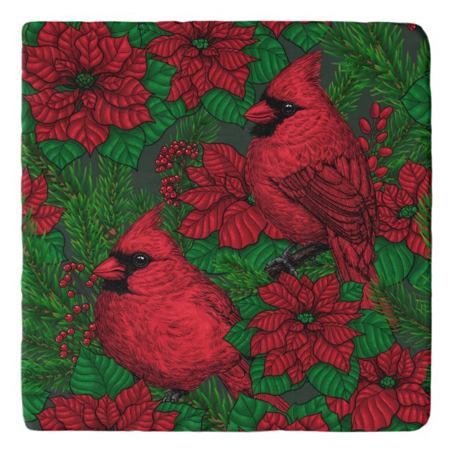Cardinals and poinsettia for Christmas Trivet (Front)