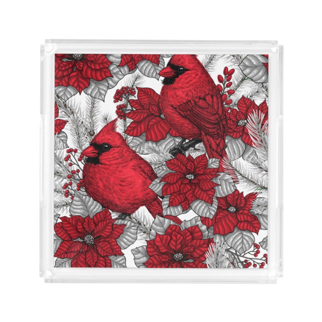 Cardinals and poinsettia in red and white acrylic tray (Front)