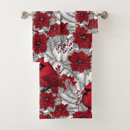 Cardinals and poinsettia in red and white bath towel set
