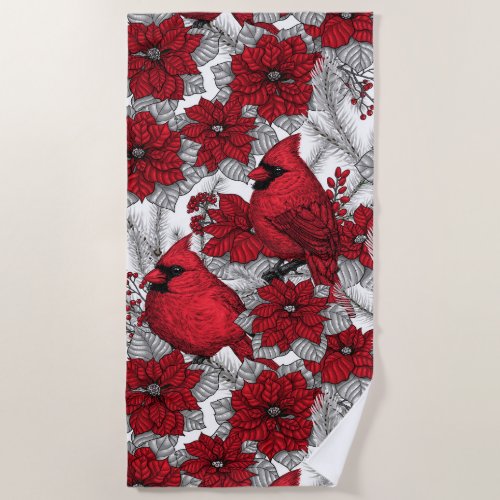 Cardinals and poinsettia in red and white beach towel