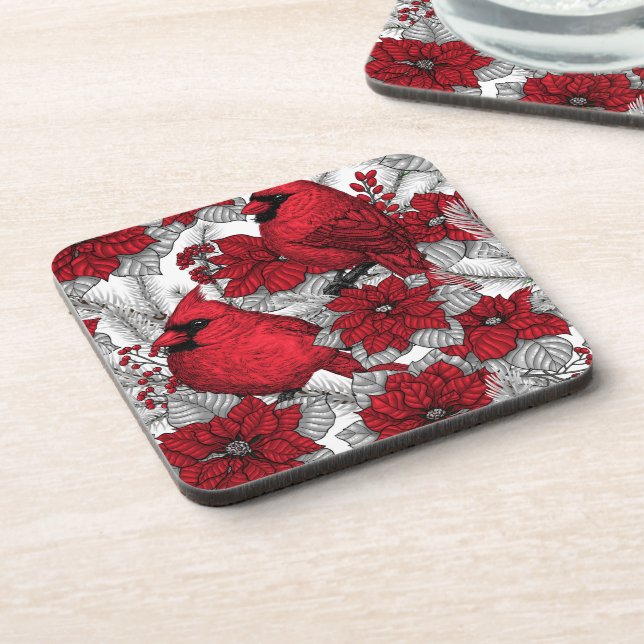 Cardinals and poinsettia in red and white beverage coaster (Left Side)