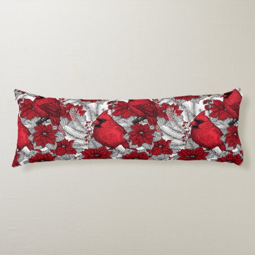 Cardinals and poinsettia in red and white body pillow