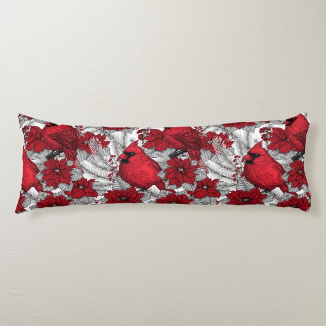 Cardinals and poinsettia in red and white body pillow (Front)