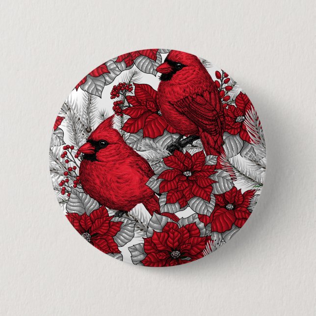 Cardinals and poinsettia in red and white button (Front)