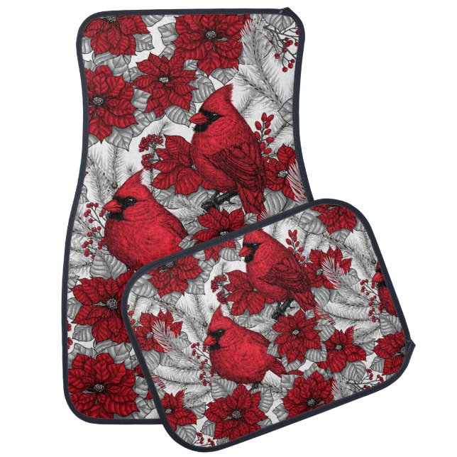 Cardinals and poinsettia in red and white car floor mat (Set)