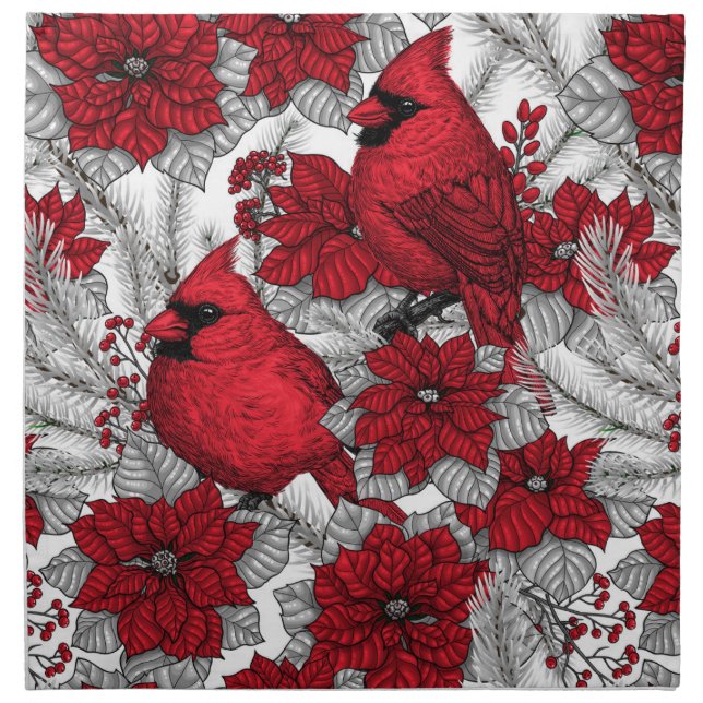 Cardinals and poinsettia in red and white cloth napkin (Front)