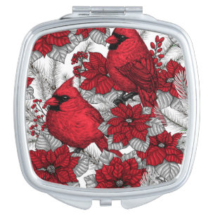 Cardinals and poinsettia in red and white compact mirror