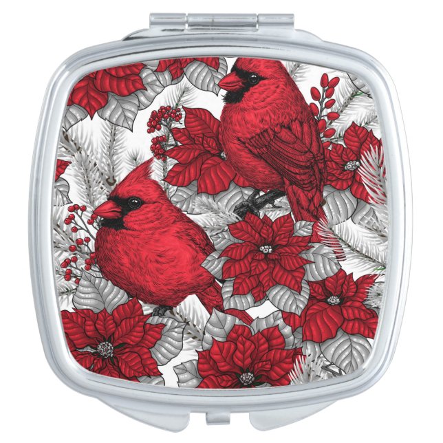 Cardinals and poinsettia in red and white compact mirror (Front)