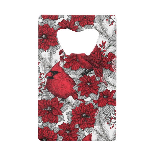 Cardinals and poinsettia in red and white credit card bottle opener (Front)