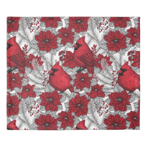 Cardinals and poinsettia in red and white duvet cover