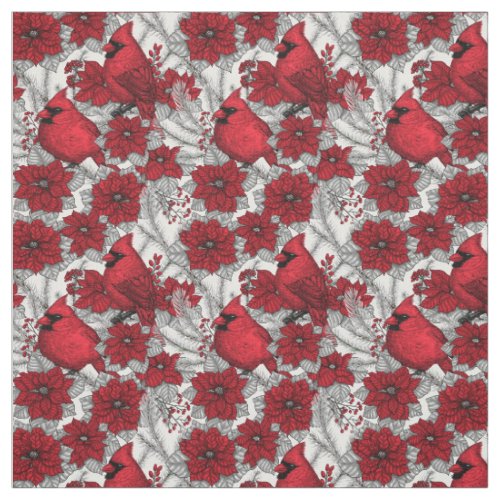 Cardinals and poinsettia in red and white fabric