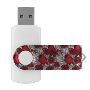 Cardinals and poinsettia in red and white flash drive