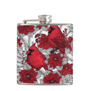 Cardinals and poinsettia in red and white flask