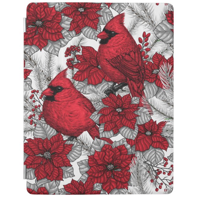 Cardinals and poinsettia in red and white iPad smart cover (Front)
