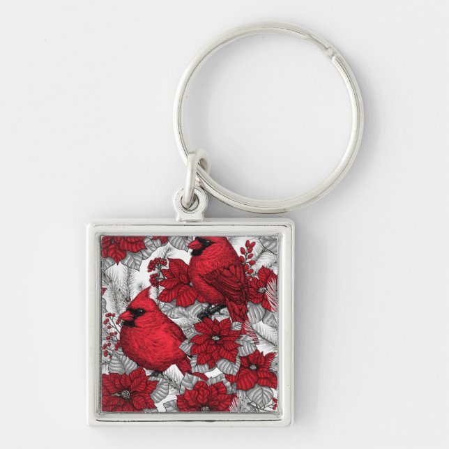 Cardinals and poinsettia in red and white keychain (Front)