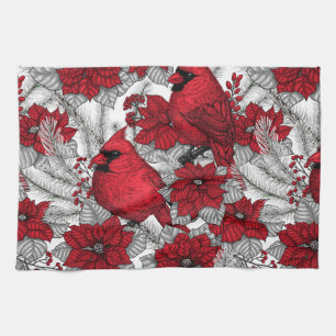 Cardinals and poinsettia in red and white kitchen towel