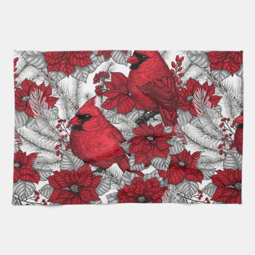 Cardinals and poinsettia in red and white kitchen towel