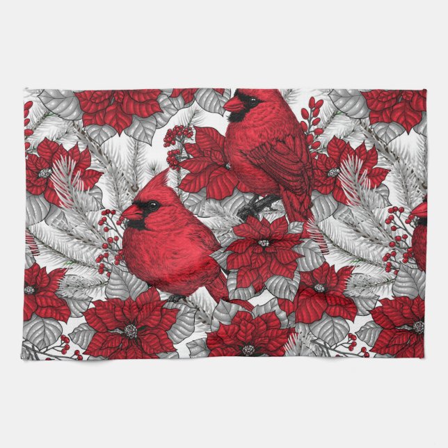 Cardinals and poinsettia in red and white kitchen towel (Horizontal)