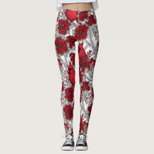 Cardinals and poinsettia in red and white leggings