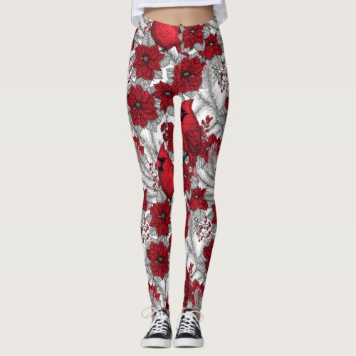 Cardinals and poinsettia in red and white leggings