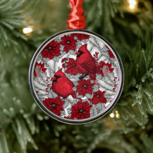 Cardinals and poinsettia in red and white metal ornament