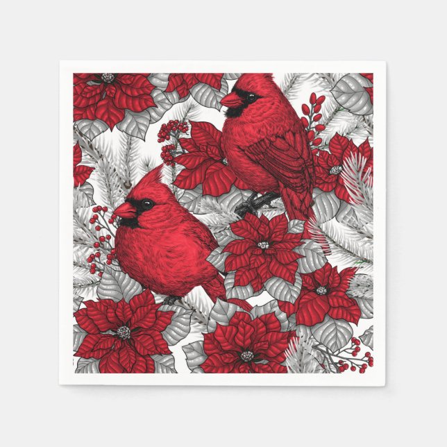 Cardinals and poinsettia in red and white napkins (Front)