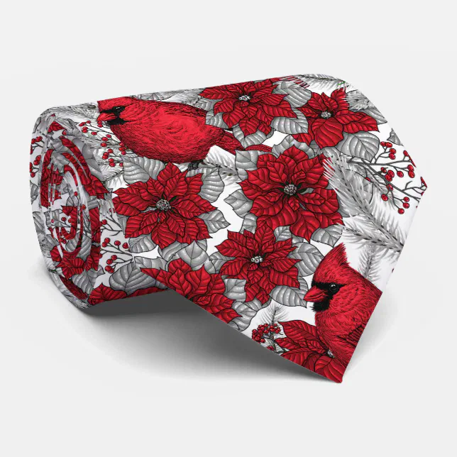 Cardinals and poinsettia in red and white neck tie (Rolled)
