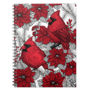 Cardinals and poinsettia in red and white notebook