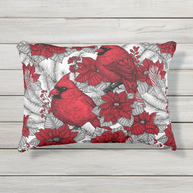 Cardinals and poinsettia in red and white outdoor pillow (Front)
