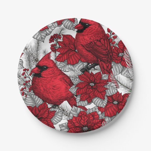 Cardinals and poinsettia in red and white paper plates