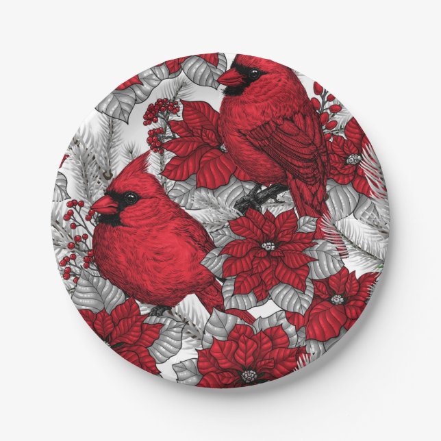 Cardinals and poinsettia in red and white paper plates (Front)