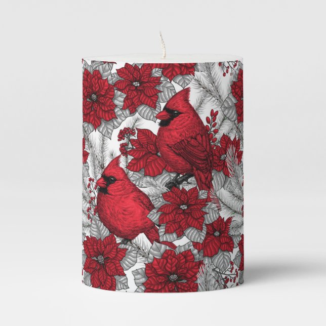 Cardinals and poinsettia in red and white pillar candle (Front)