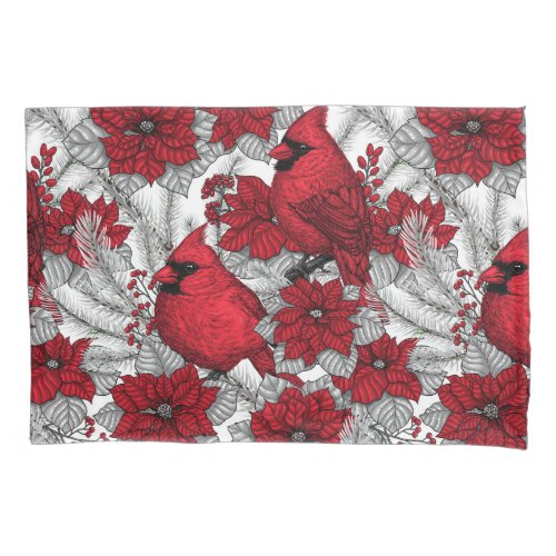 Cardinals and poinsettia in red and white pillow case