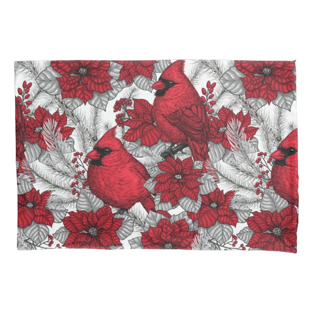 Cardinals and poinsettia in red and white pillow case (Front-Left)