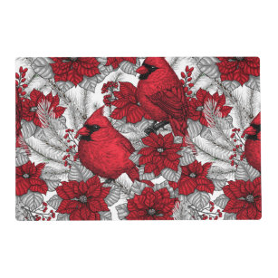 Cardinals and poinsettia in red and white placemat