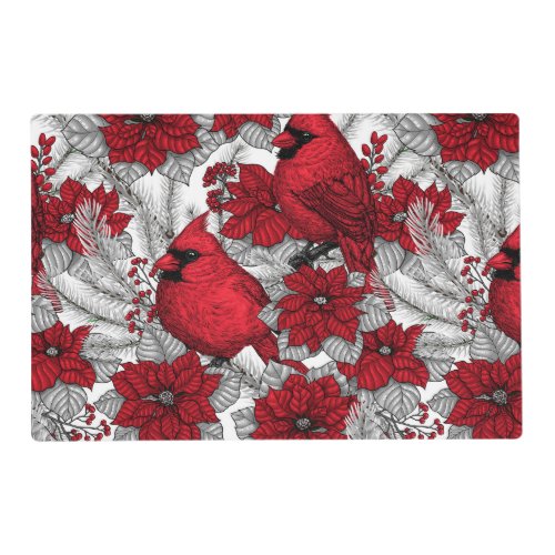 Cardinals and poinsettia in red and white placemat