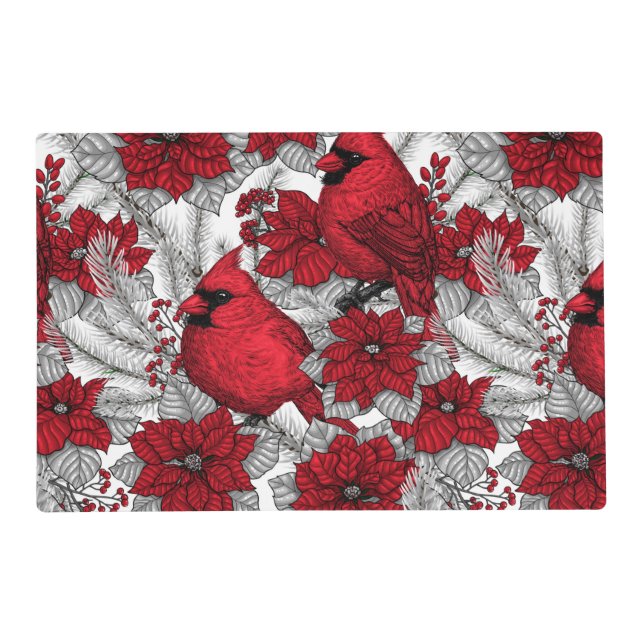Cardinals and poinsettia in red and white placemat (Front)