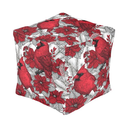 Cardinals and poinsettia in red and white pouf