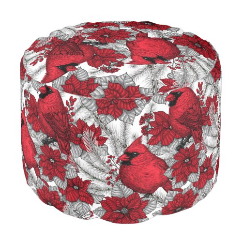 Cardinals and poinsettia in red and white pouf