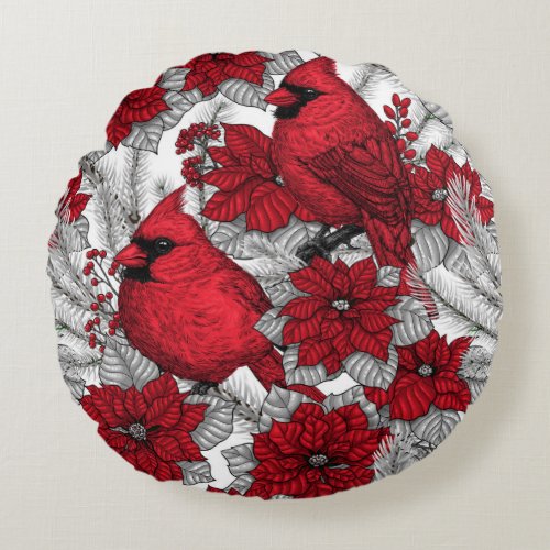 Cardinals and poinsettia in red and white round pillow
