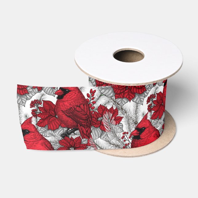 Cardinals and poinsettia in red and white satin ribbon (Spool)
