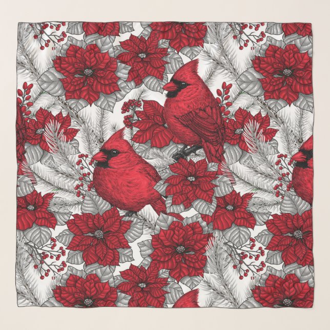Cardinals and poinsettia in red and white scarf (Front)