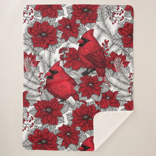 Cardinals and poinsettia in red and white sherpa blanket (Front)